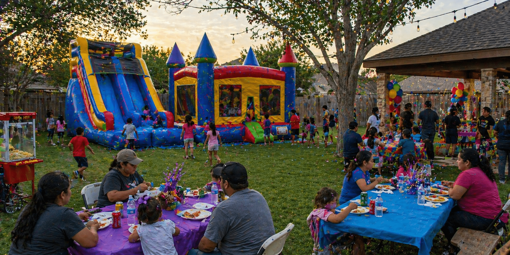 Backyard birthday party at dusk