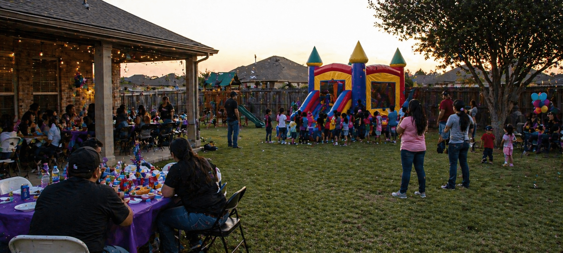 Backyard birthday party at sunset