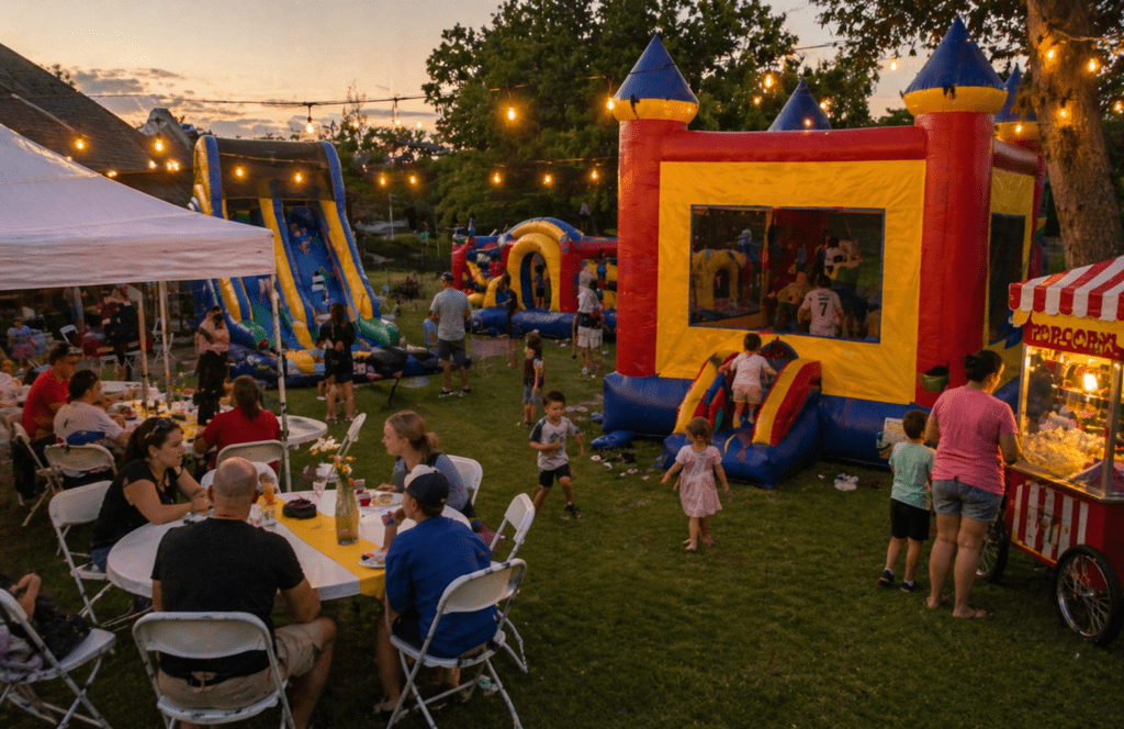 Backyard party with inflatables at dusk
