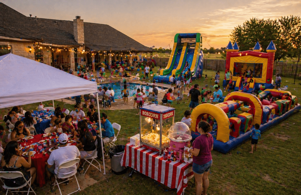 Family gathering at sunset with inflatables