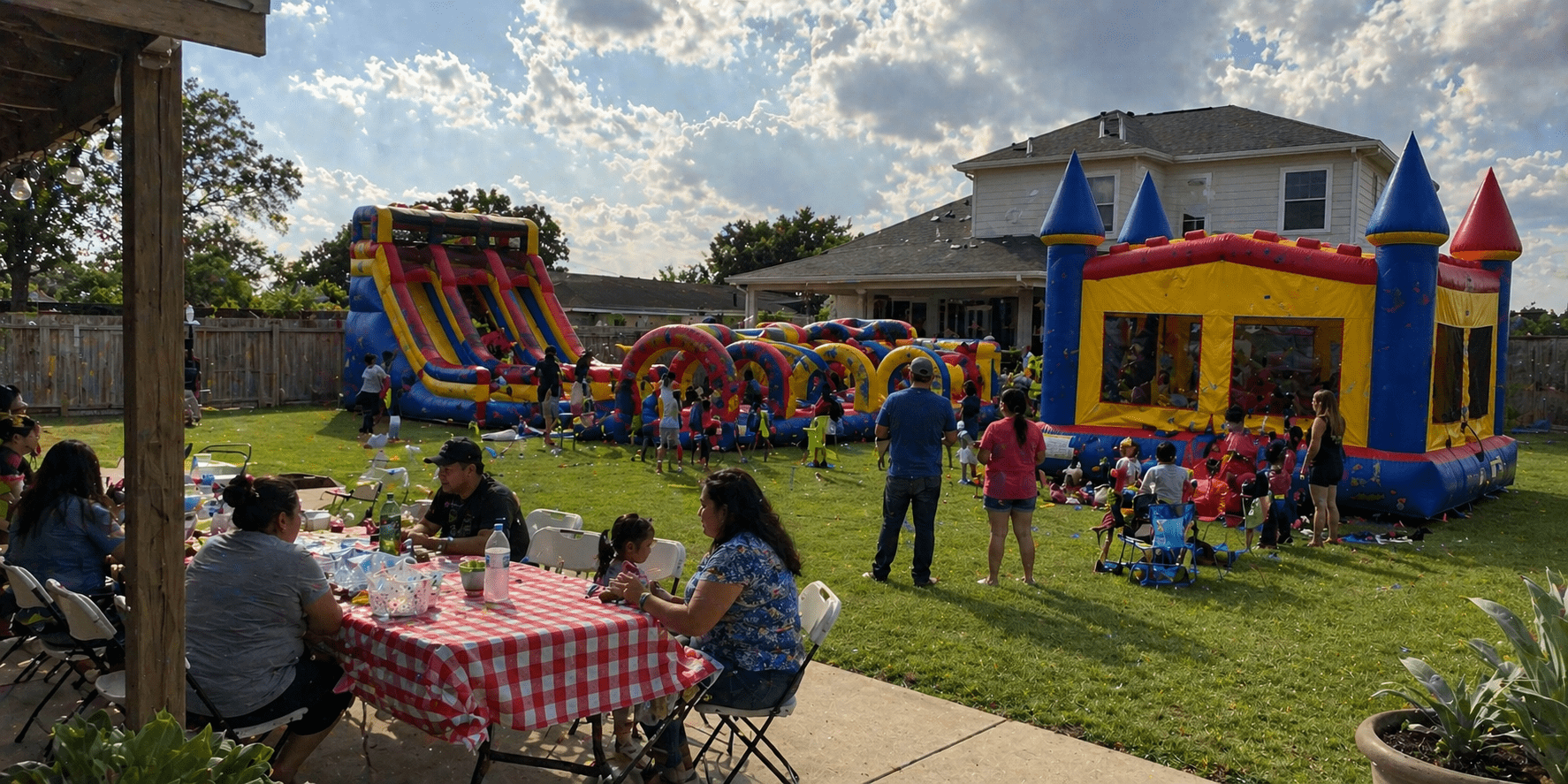 Family party in a colourful backyard