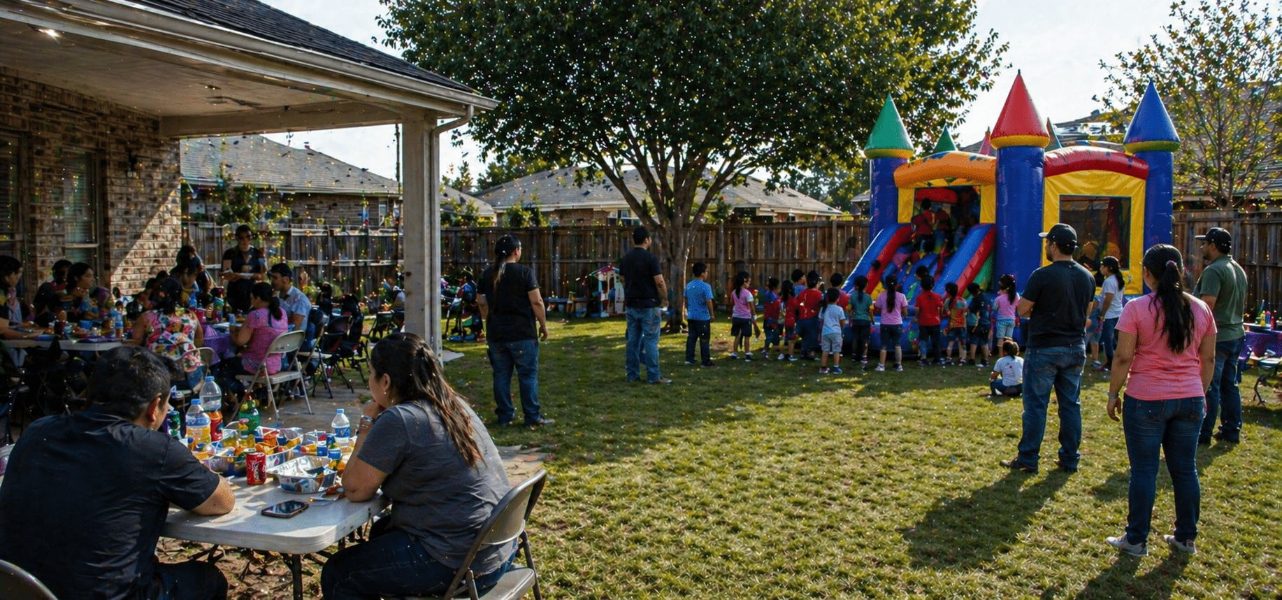 Lively backyard family party with bounce house