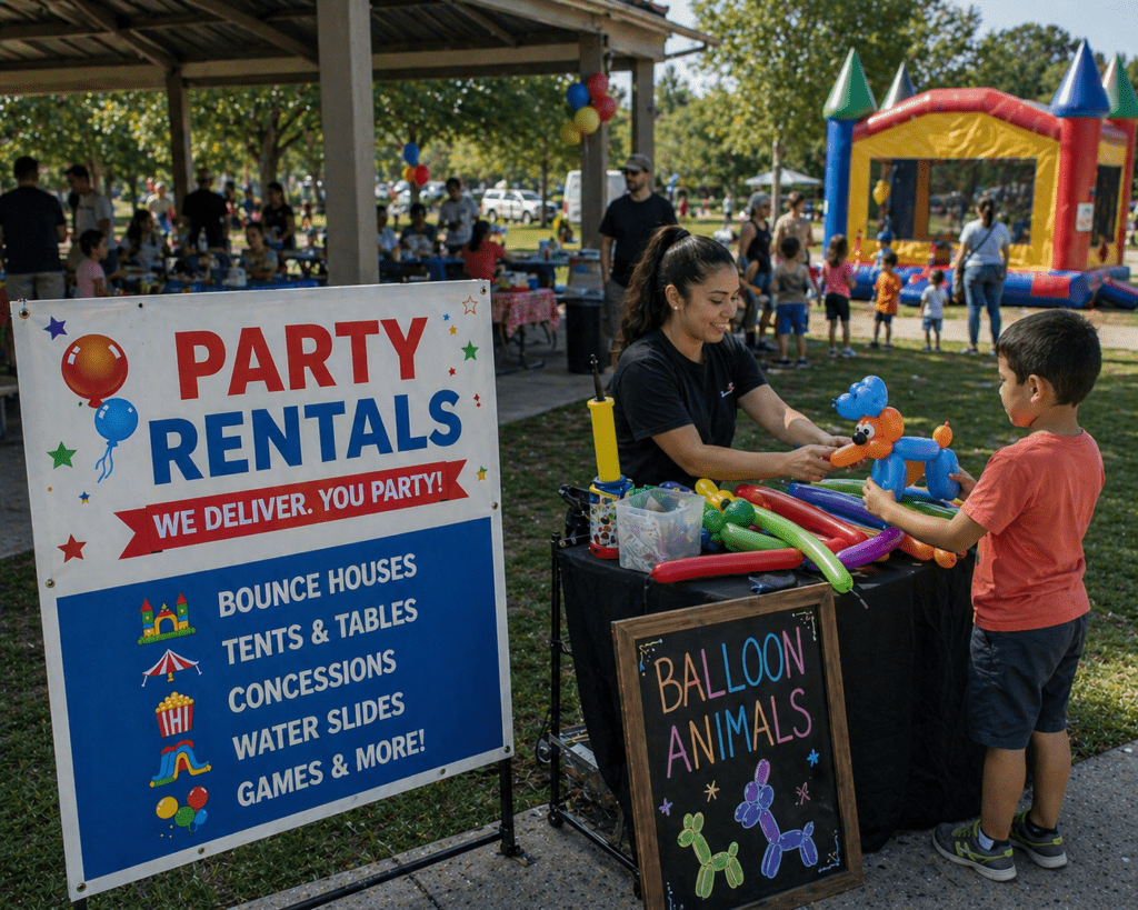 Party rental booth with balloon artist