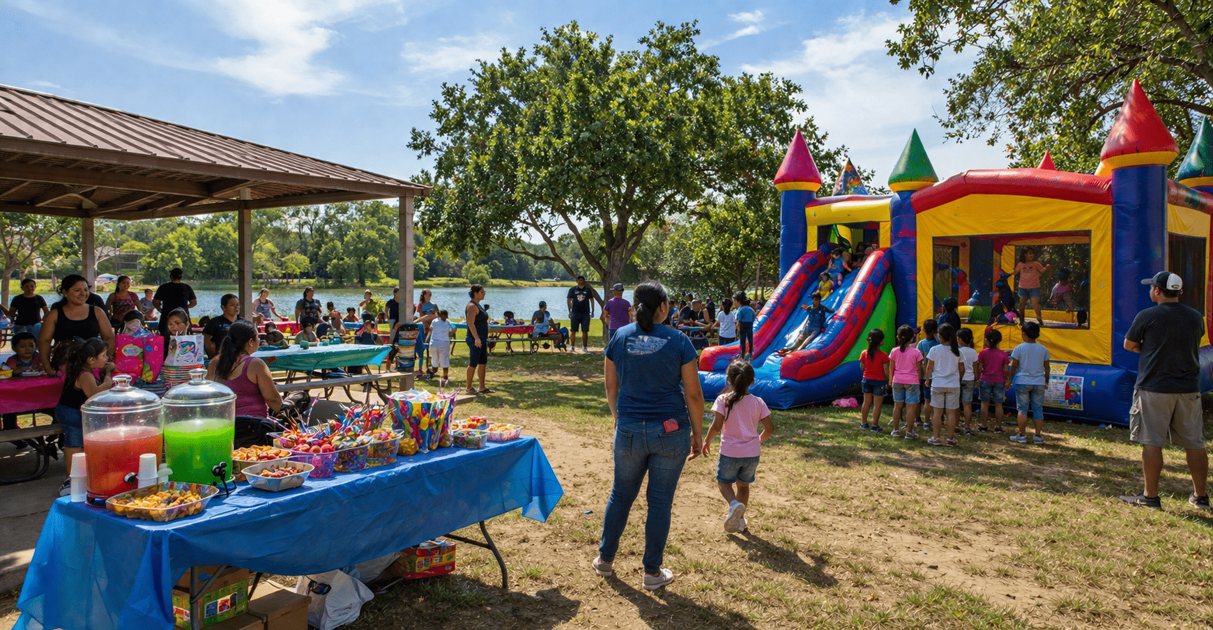 Sunny park party with bounce castle